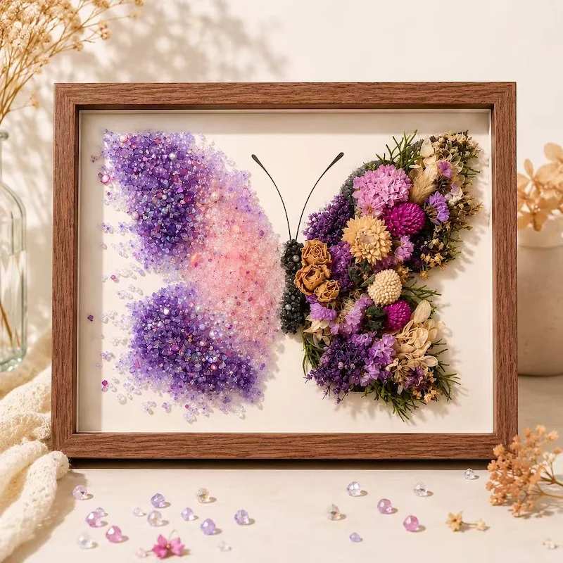 Framed butterfly crystal art with gemstone and dried flower wings