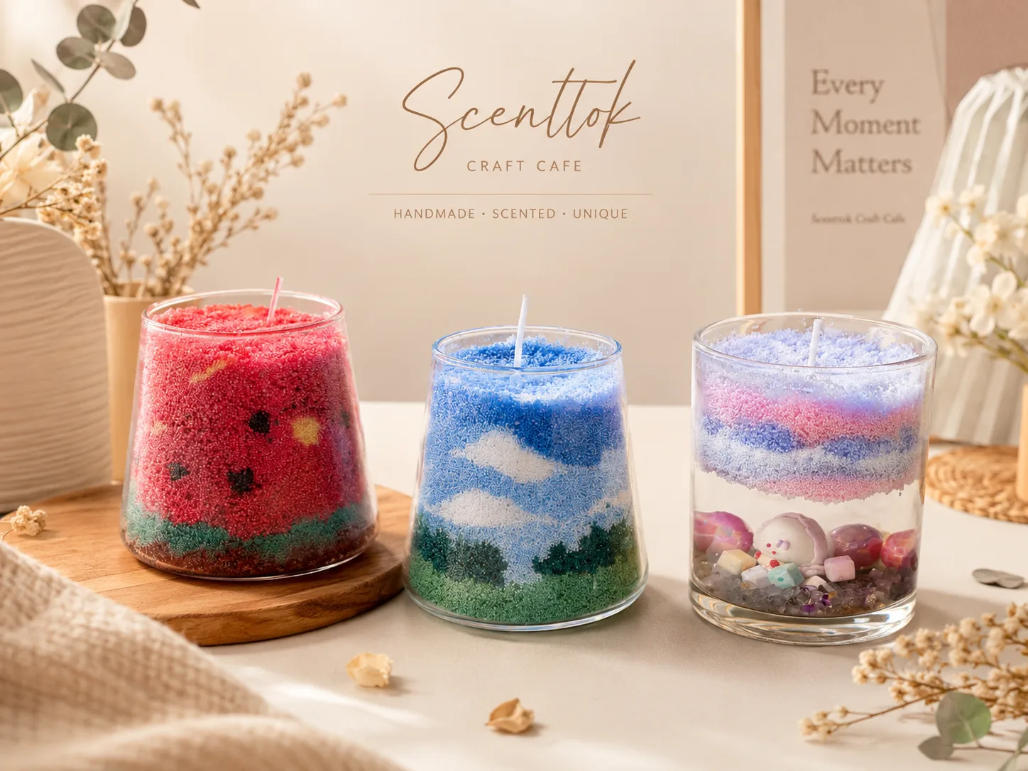 Sand wax candles in glass vessels