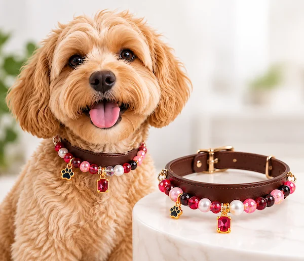 Handmade beaded dog collar with pearls, colorful beads, and gold charms