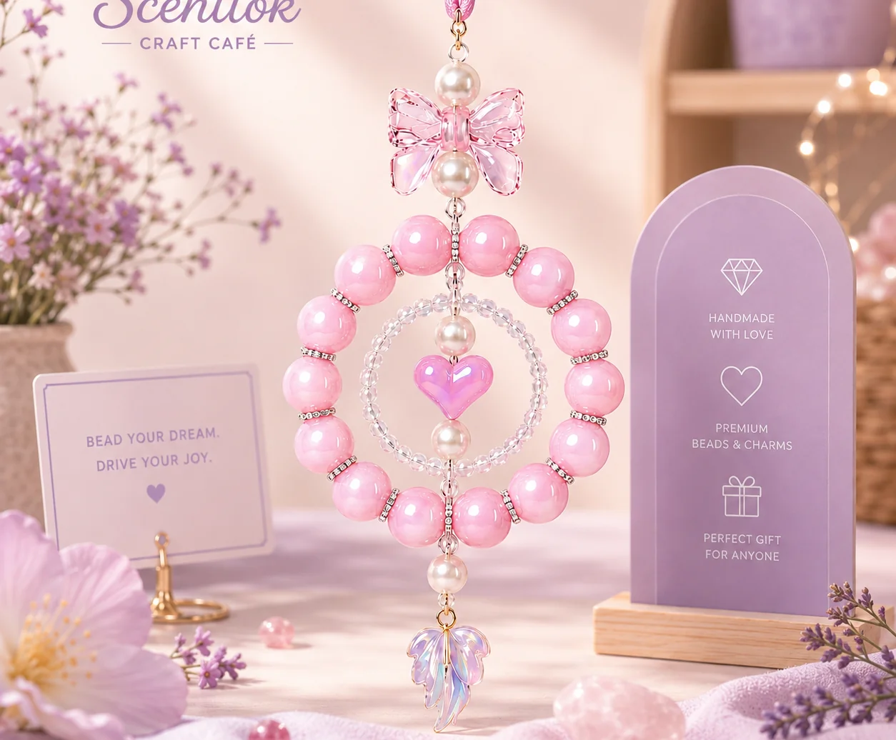 ScentTok Dream Charm with pink beads, pearls, and heart accent on a ribbon