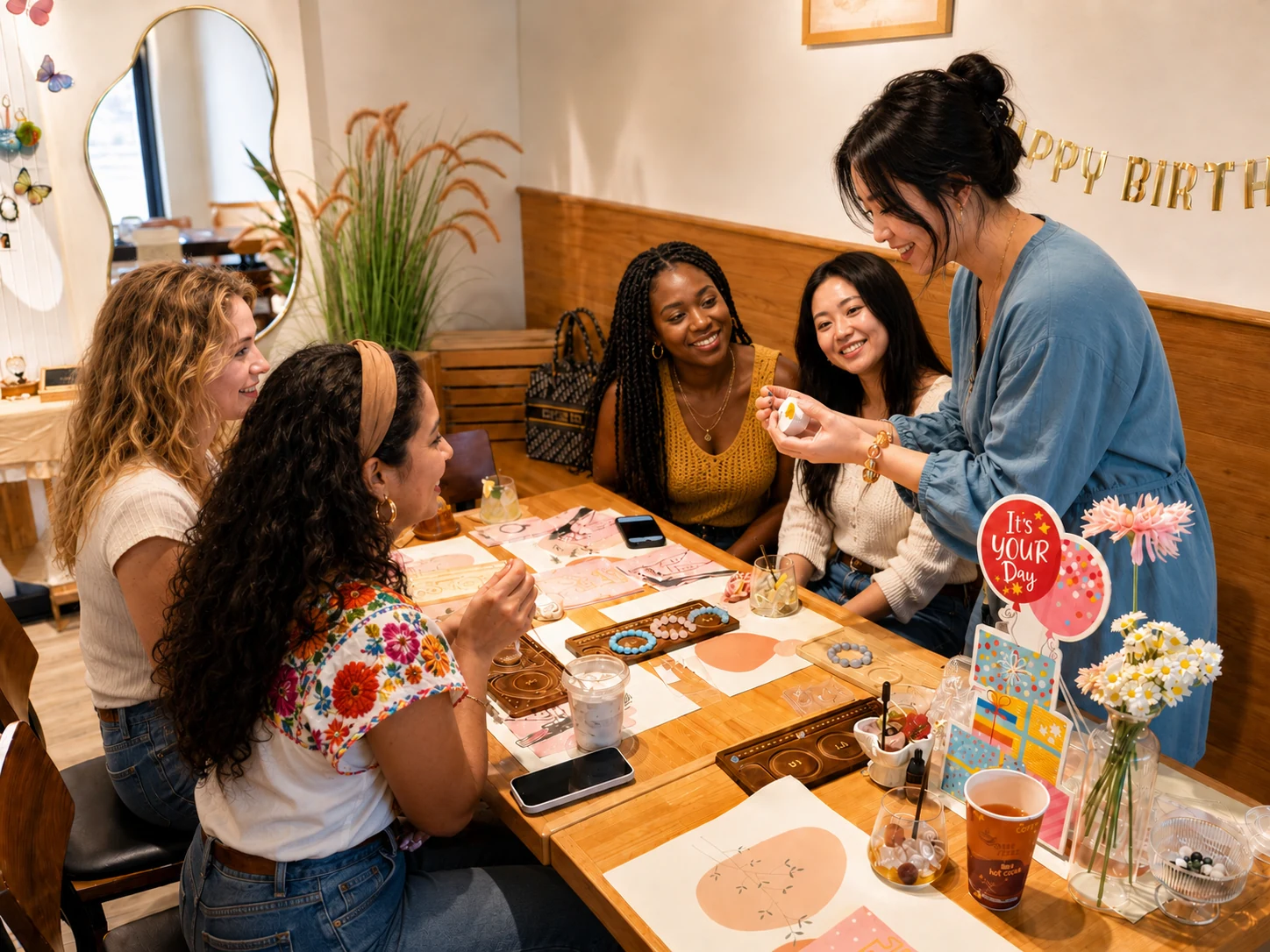 Friends crafting with drinks