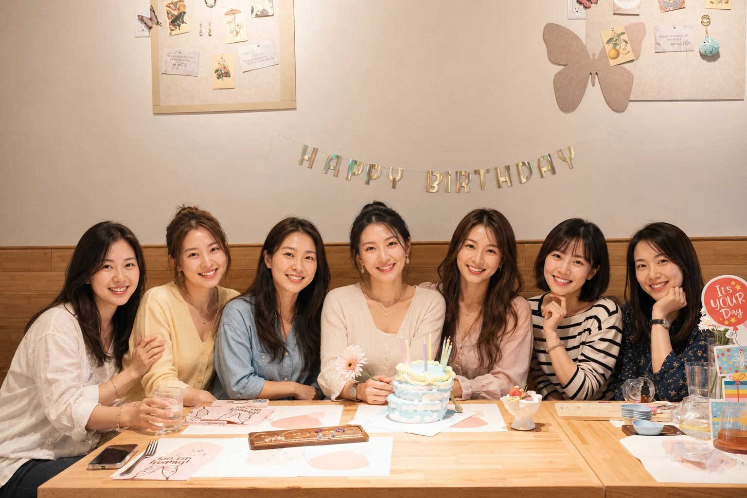 Group gathered around craft table for a birthday