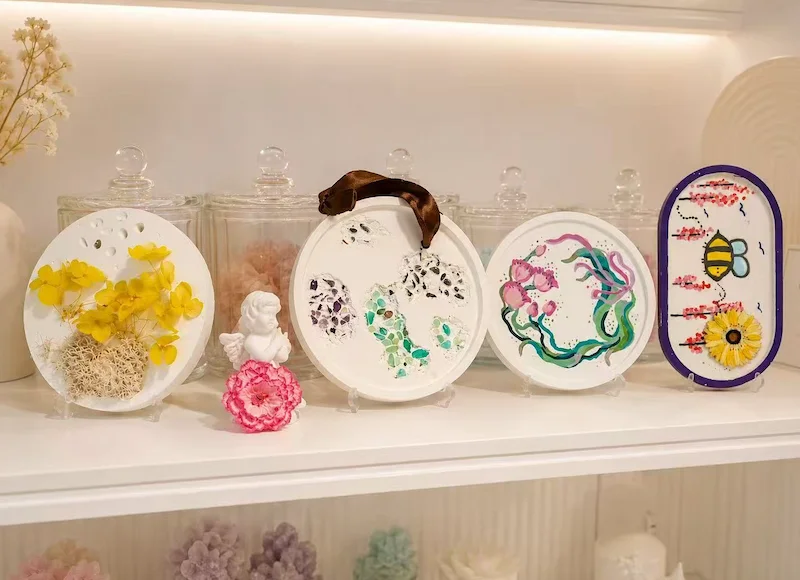 Hand-painted scented plaster plaques with dried flowers and crystal accents