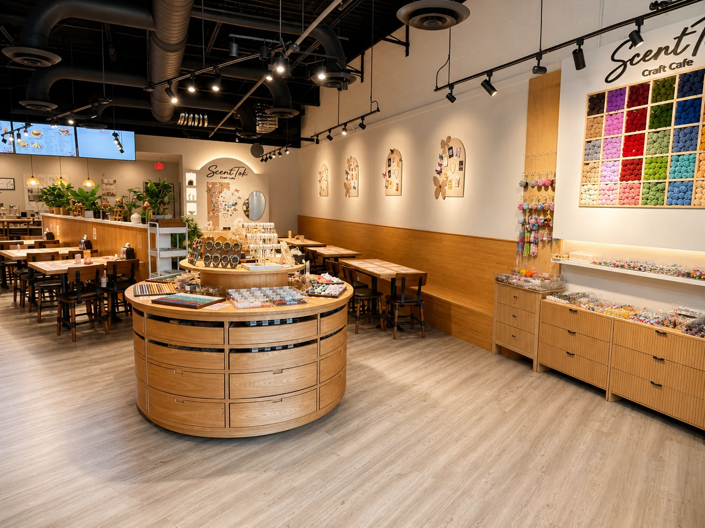 ScentTok craft studio with bead wall and cafe seating
