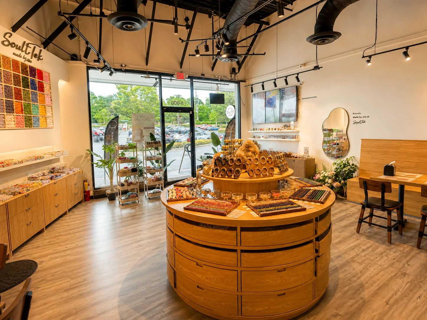 Warm wooden display area at ScentTok Craft Cafe