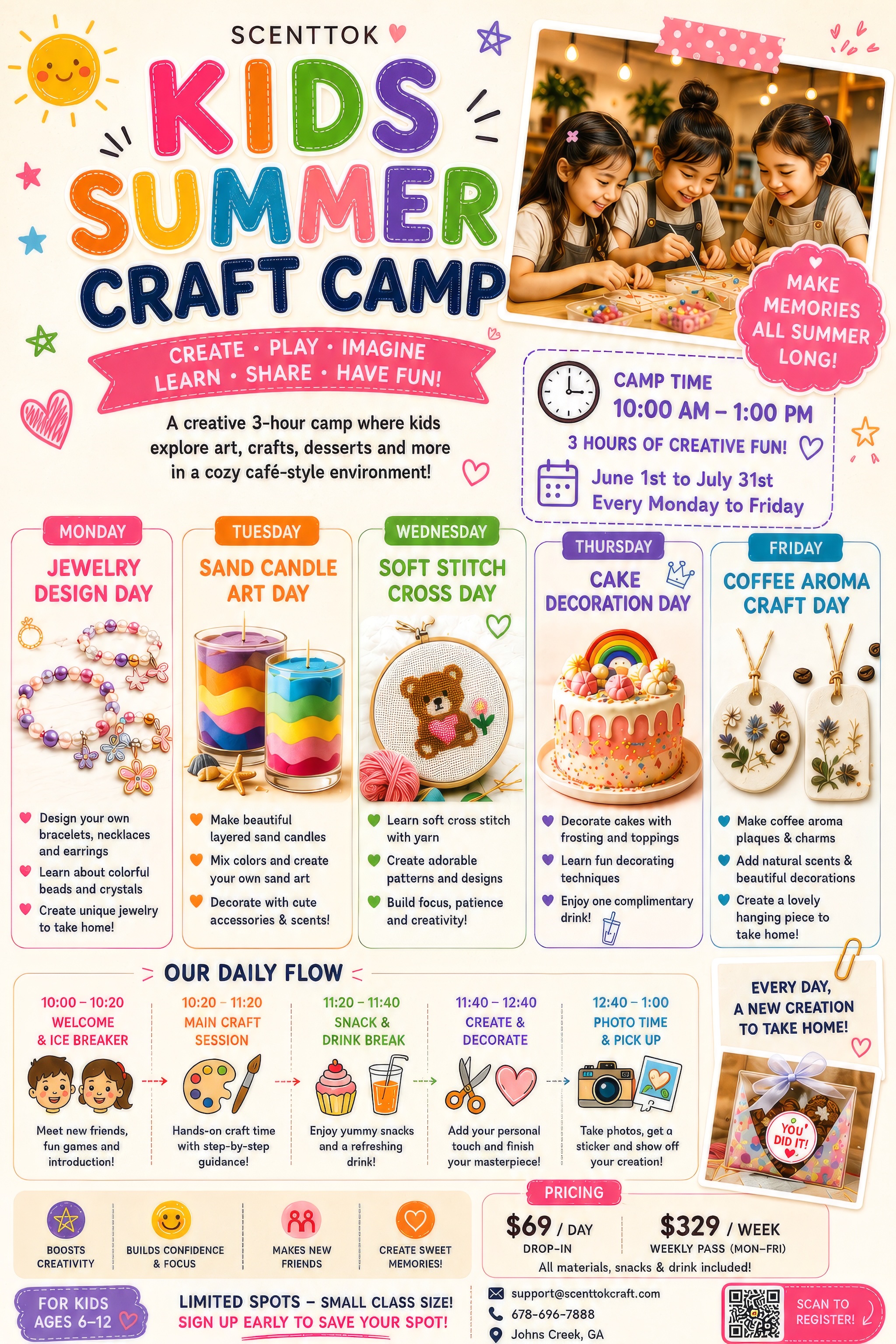 ScentTok Kids Summer Craft Camp flyer with schedule, pricing, and daily themes